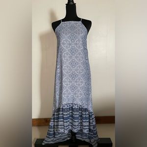 Knox Rose, long sun dress. Size-small. Blue and white print. Adjustable straps.